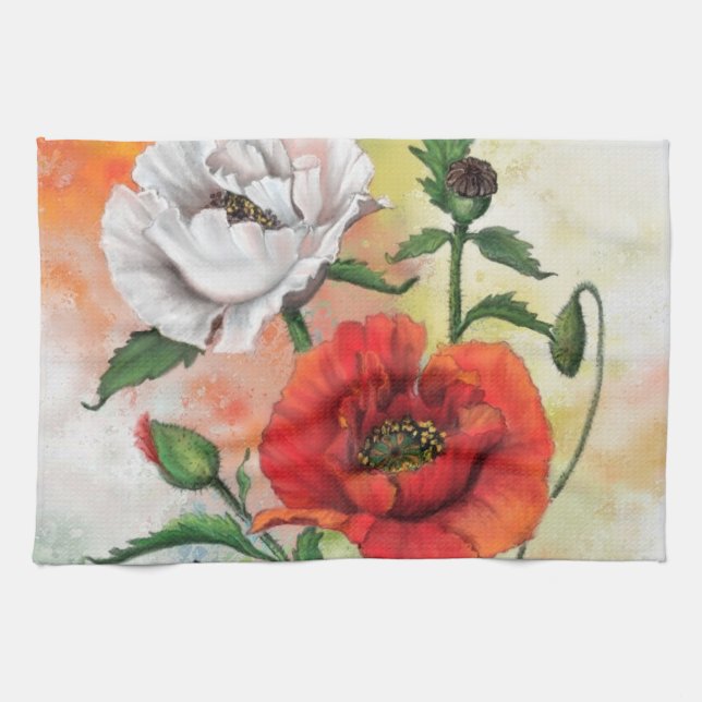 Red White Poppy Flowers Kitchen Towel Painting Geschirrtuch (Horizontal)
