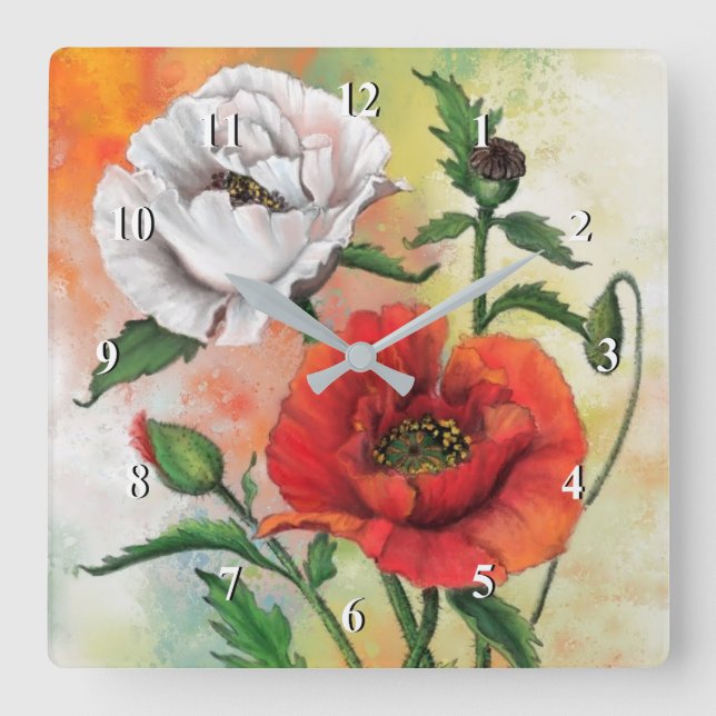 Red White Poppy Wall Clock - Malerei Quadratische Wanduhr (Vorderseite)