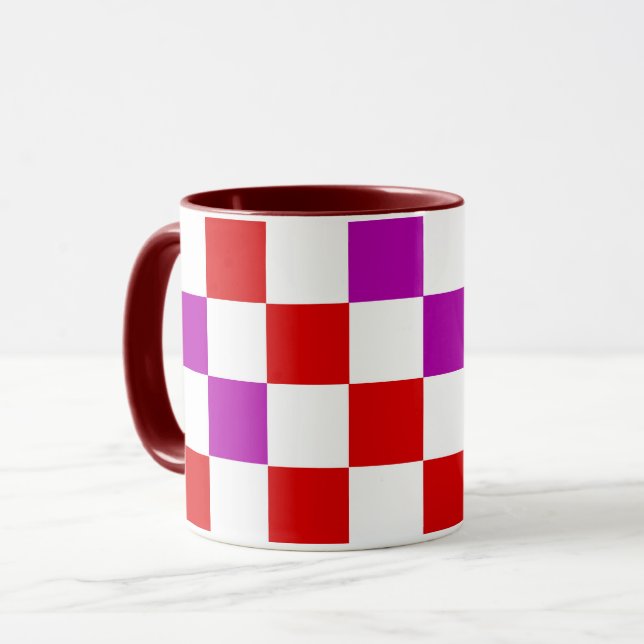 Red White Purple Checkered Pattern Design  Tasse (Vorderseite Links)