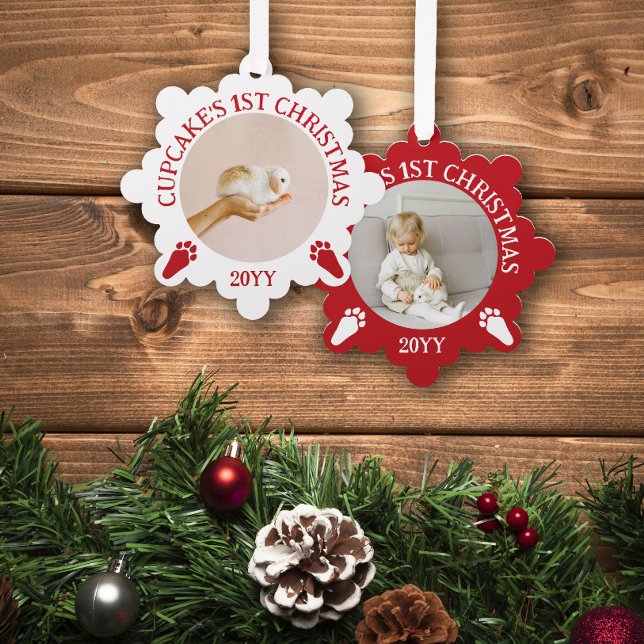 Red White Rabbit Paw Prints Bunny's 1. Weihnachten Ornament Karte (Von Creator hochgeladen)