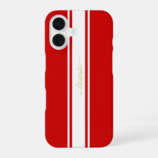 Red White Racing Stripes Gold Mit Monogramm Stylis iPhone 16 Hülle