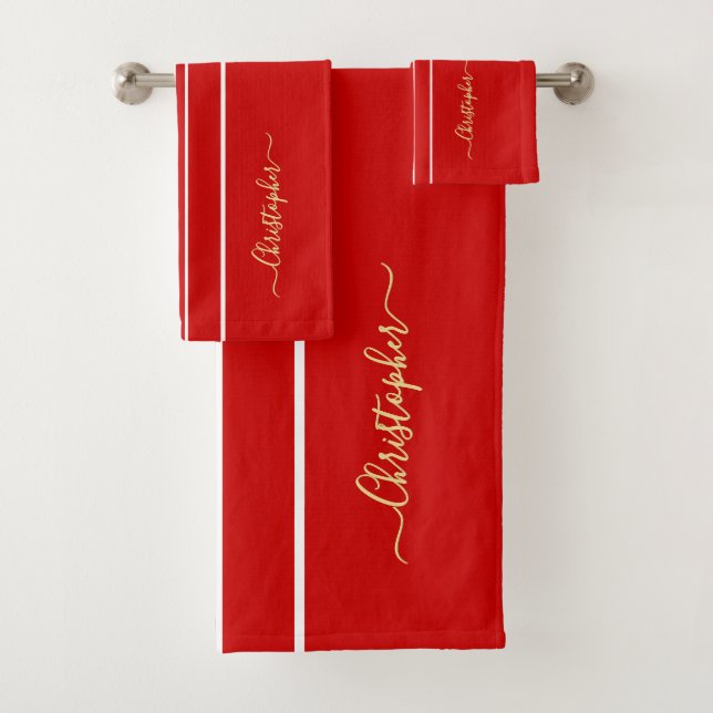 Red White Racing Stripes Imitats Gold Mit Monogram Badhandtuch Set (Insitu)