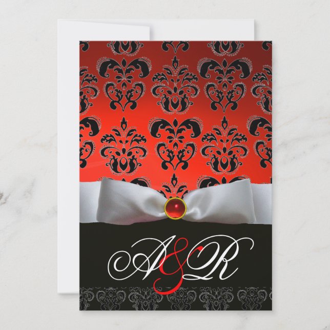 RED WHITE RIBBON & BLACK DAMASK MONOGRAM Ruby Einladung (Vorderseite)