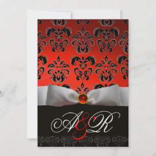 RED WHITE RIBBON & BLACK DAMASK MONOGRAM Ruby Einladung