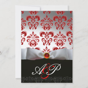 RED WHITE RIBBON & BLACK DAMASK MONOGRAM Ruby Einladung