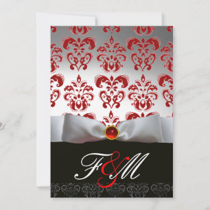 RED WHITE RIBBON & BLACK DAMASK MONOGRAM Ruby Einladung