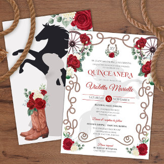 Red White Rose Eleganter Western Charra Quinceaner Einladung
