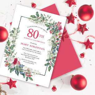 Red White Rose Floral Holly 80. Geburtstagsparty Einladung