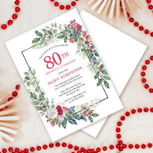 Red White Rose Floral Holly 80. Geburtstagsparty Einladung