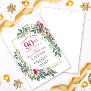 Red White Rose Floral Holly 90. Geburtstagsparty Einladung