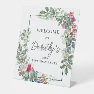 Red White Rose Floral Holly 90. Geburtstagsparty Sockelschild