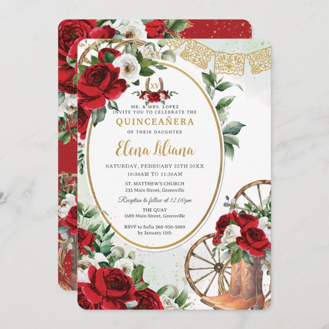 Red White Roses Charro Boots Sweet 16 Quinceañera Einladung (Vorne/Hinten)