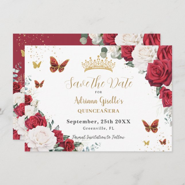 Red White Roses Floral Gold Quinceñera Sweet 16 Save The Date (Vorne/Hinten)