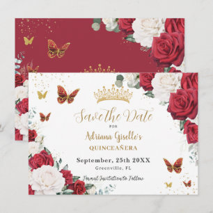 Red White Roses Floral Gold Quinceñera Sweet 16 Save The Date