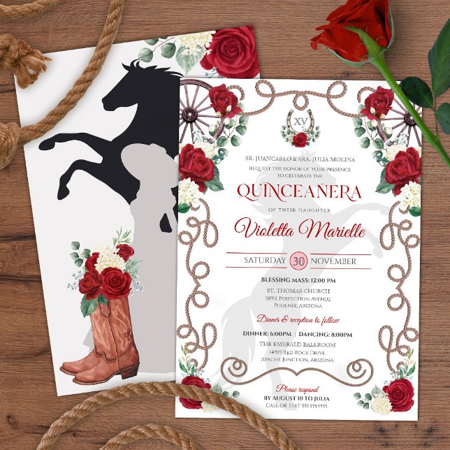 Red White Rustic Western Charro Quinceanera Einladung (Von Creator hochgeladen)