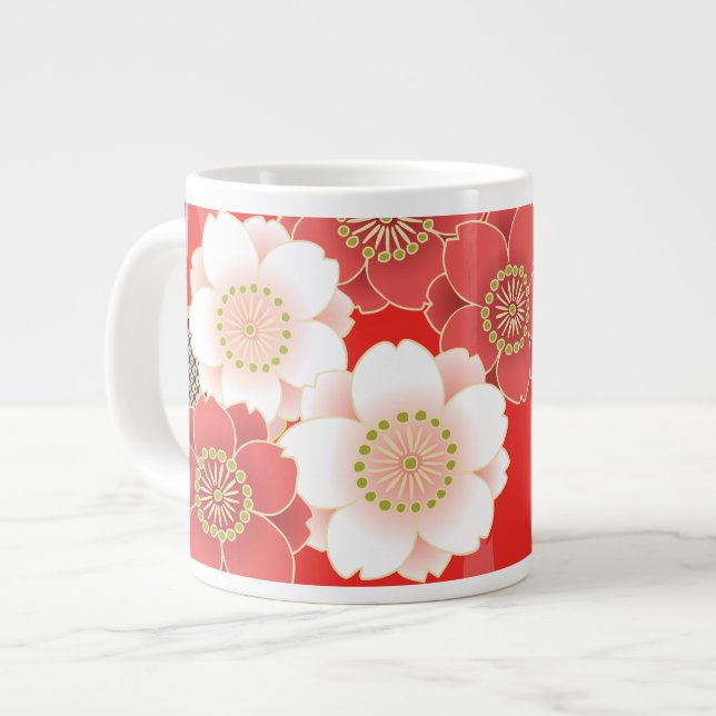 Red & White Sakura Japanischer Kimono Jumbo-Tasse (Vorderseite Links)