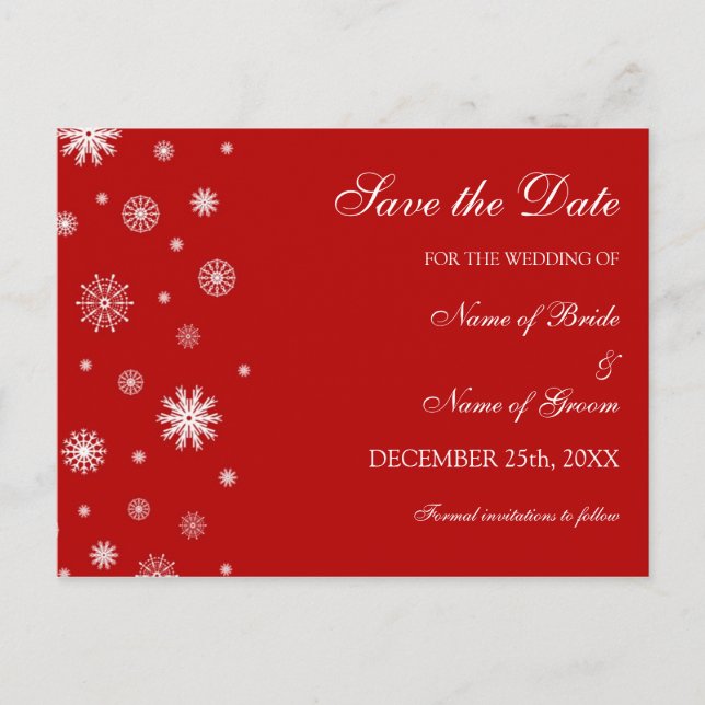 Red White Save the Date Winter Wedcard Ankündigungspostkarte (Vorderseite)
