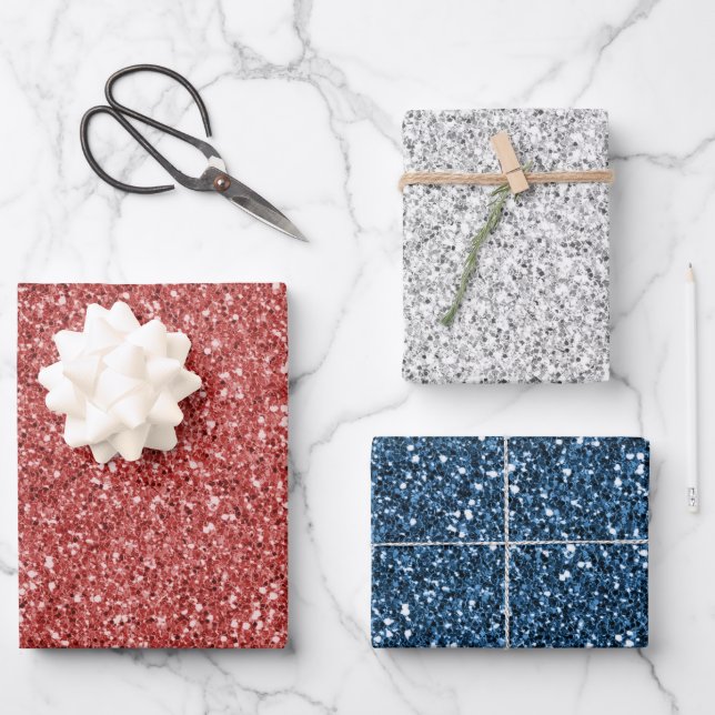 Red White Silver Blue Glitzer Geschenkpapier Set (Vorderseite)