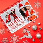 Red White Snowflake Familie Foto Collage Weihnacht Feiertagskarte<br><div class="desc">Diese schlichte und elegante Weihnachtskarte ist perfekt für jede Familie. Es zeichnet sich durch eine hellrote Typografie auf weißem Hintergrund aus, mit zwei Fotos Ihrer Lieblingsfamilie. Auf der Rückseite sind weiße Schneeflocken auf einem hellen roten Hintergrund. Es ist modern, festlich und ein lustiger Weg, um Ihren Urlaub Gruß an Ihre...</div>