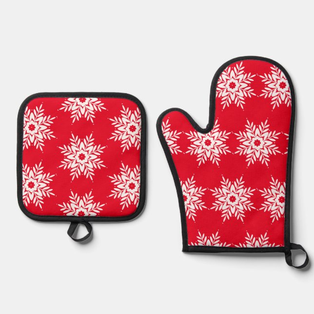 Red White Snowflake Muster Ofenhandschuh & Topflappen-Set (Vorderseite)