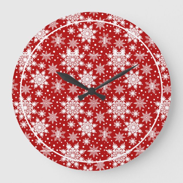 Red & White Snowflake Weihnachten Klassisches Must Große Wanduhr (Vorderseite)