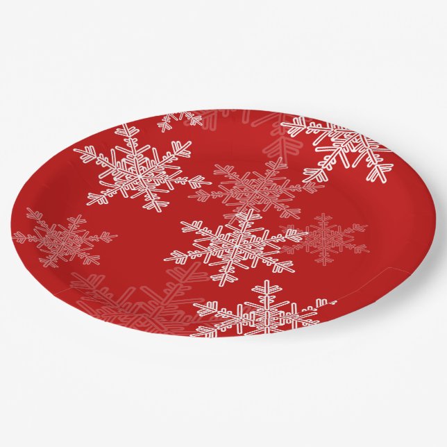 Red White Snowflakes Minimalistisch Weihnachten Pappteller (Schrägansicht)