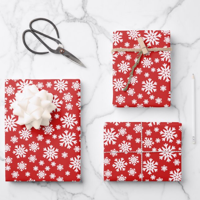 Red White Snowflakes Weihnachtsfeiertag Geschenkpapier Set (Vorderseite)