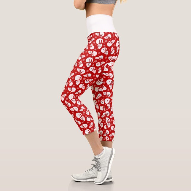 Red & White Snowman mit Snowflake-Muster Capri Leggings (Links)