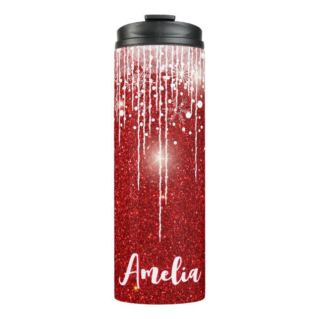 Red White Snowy Driving Snowflake Individuelle Nam Thermosbecher (Vorderseite)