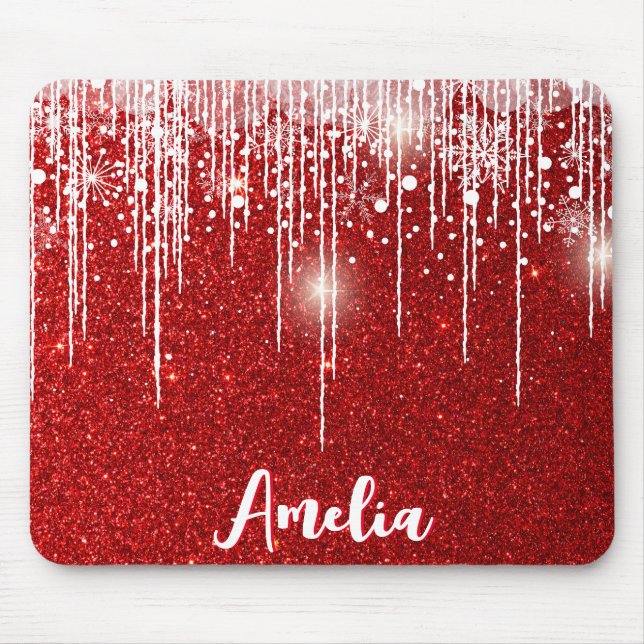 Red White Snowy Snowflake Ihr Name Mousepad (Vorne)