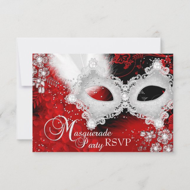 Red White Sparkle Masquerade Party UAWG RSVP Karte (Vorderseite)