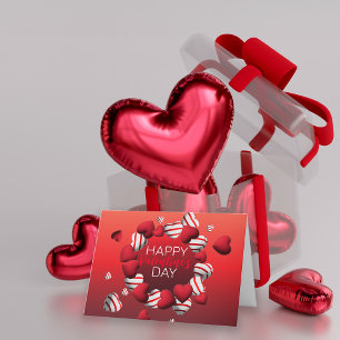 Red White Striped 3D Herzen Happy Valentinstag Feiertagskarte