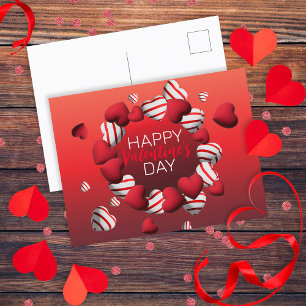 Red White Striped 3D Herzen Happy Valentinstag Postkarte