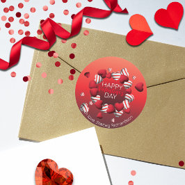 Red White Striped 3D Herzen Happy Valentinstag Runder Aufkleber