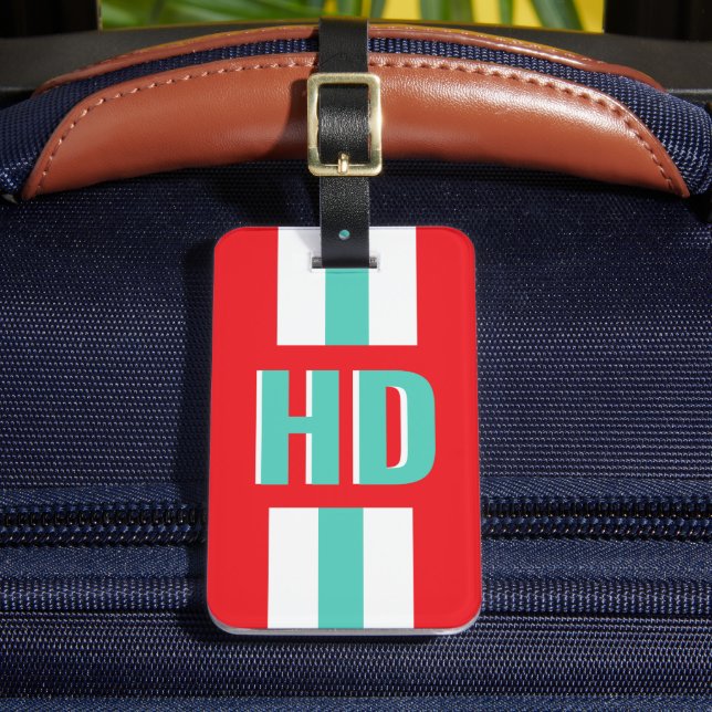 Red & white striped Shadow Monogram retro travel Gepäckanhänger (Vorderseite Insitu 2)