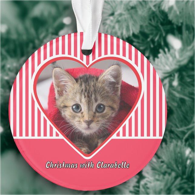 Red & White Stripes Custom Cat Photo Heart Holiday Ornament (Von Creator hochgeladen)