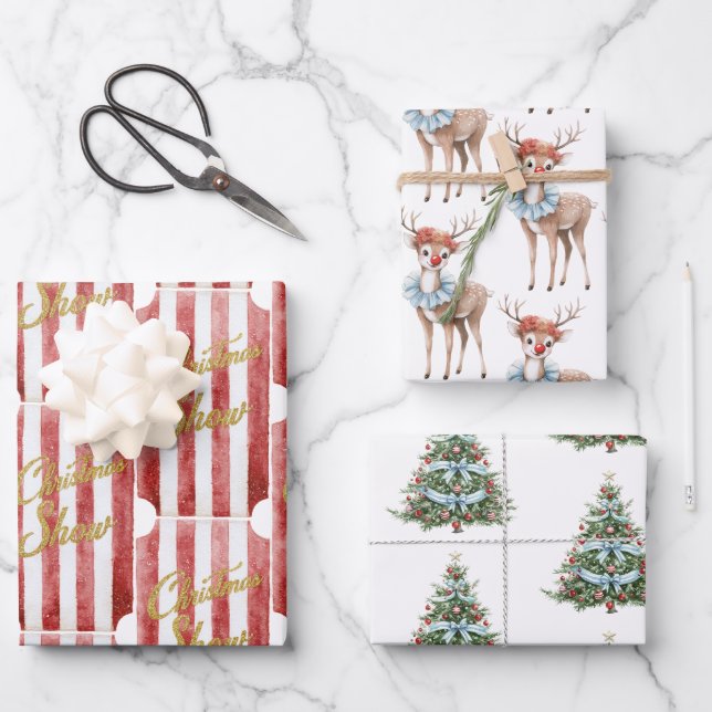 Red White Stripes Gold Glitter Christmas Deer Tree Geschenkpapier Set (Vorderseite)