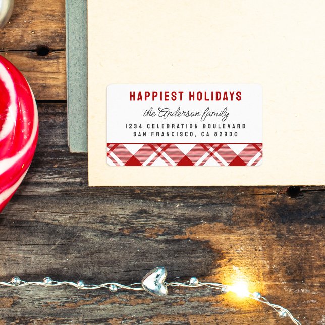 Red & White Tartan Karierte Weihnachtsfeier Rückse Adressaufkleber (Von Creator hochgeladen)