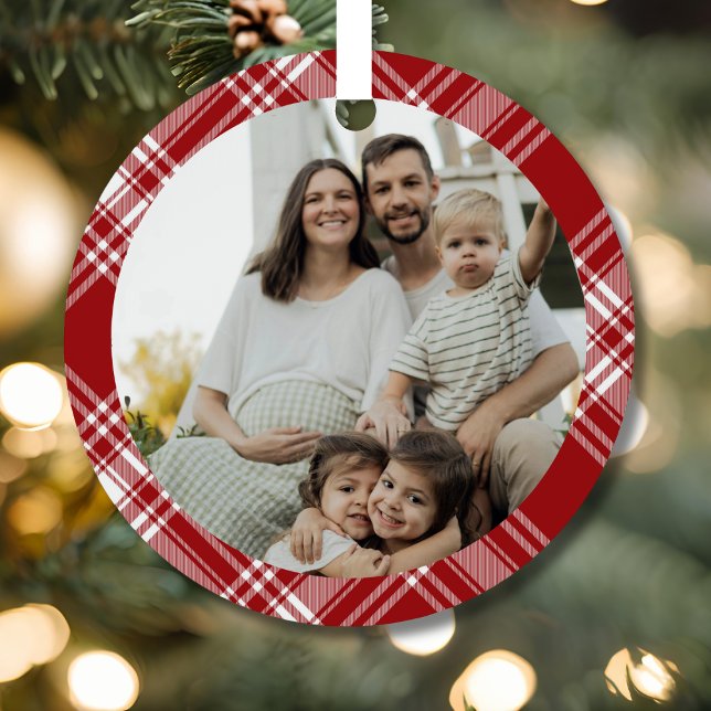 Red White Tartan Plaid Family Photo Ornament (Von Creator hochgeladen)