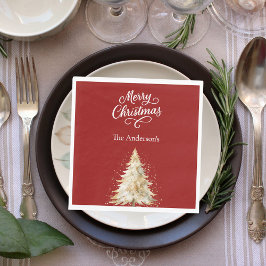 Red white tree snow script Christmas luncheon Serviette
