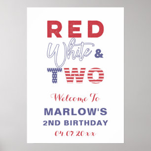 Red White & TWO Unisex 2. Geburtstag Party Willkom Poster