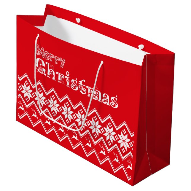 Red & White Ugly Sweater Christmas Gift Bag Große Geschenktüte (Vorderseite Schrägansicht)