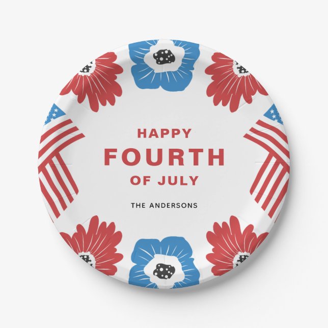 Red White und Blue Florals Happy Amerikanische Una Pappteller (Vorderseite)
