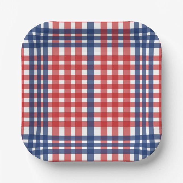 Red White und Blue Gingham Kariert Pappteller (Vorderseite)