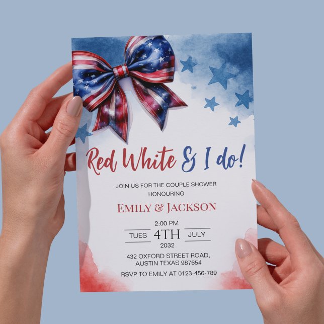 Red White und ich tun 4. Juli Bow Brautparty Einladung (Von Creator hochgeladen)