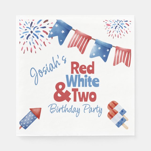 Red White und Two Birthday Party Serviette (Vorderseite)