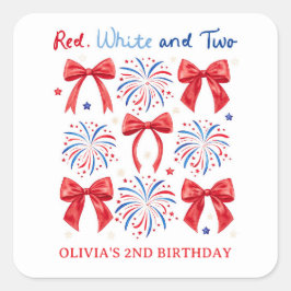 Red White und Two July Girl 2. Geburtstag Party Quadratischer Aufkleber