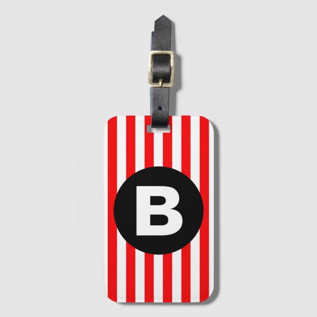 Red White Vertical Stripes Black Monogram Gepäckanhänger (Vorderseite Vertikal)