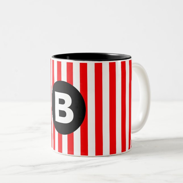 Red White Vertical Stripes Black Monogram Zweifarbige Tasse (VorderseiteRechts)