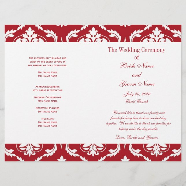 Red White Vintag Damask Hochzeitsprogramm (Vorderseite)